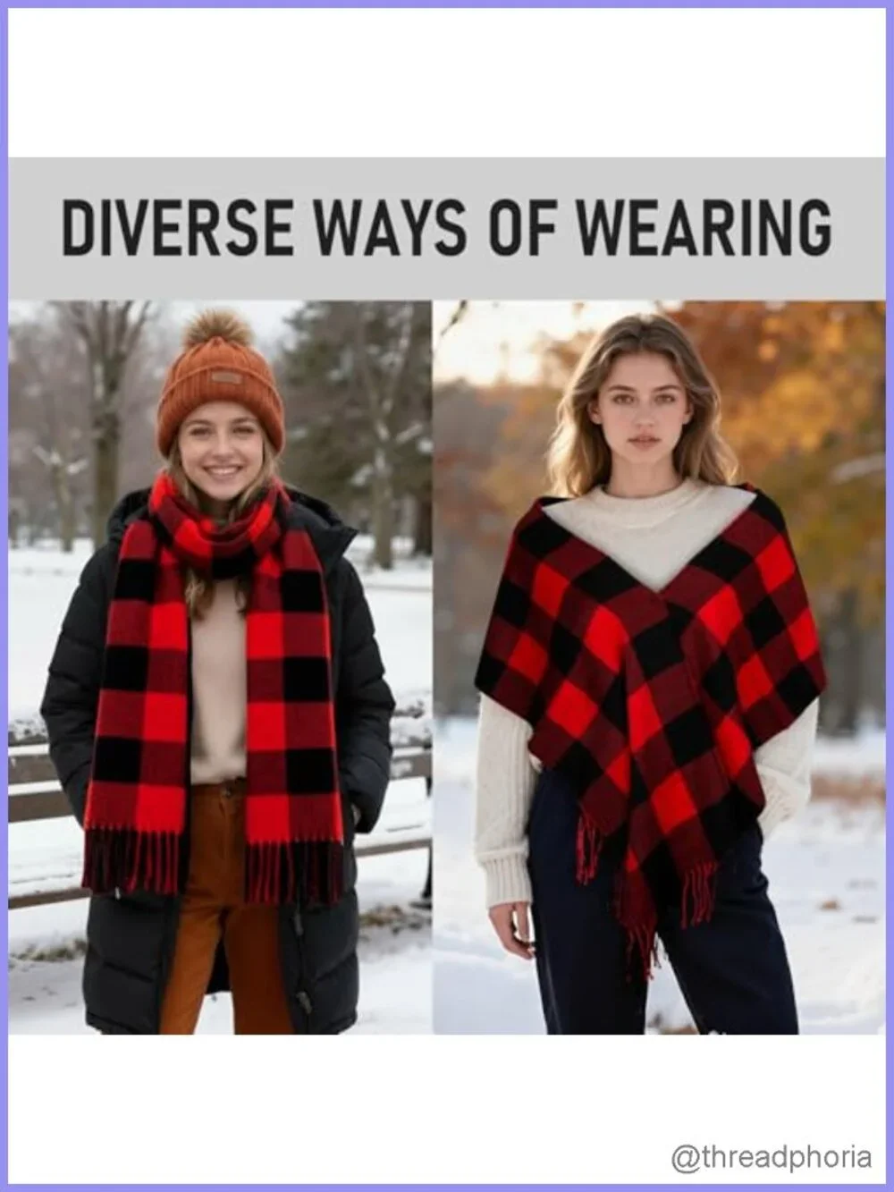 3-Piece Winter Plaid Scarf Shawl Wrap for Women Men Soft Polyester